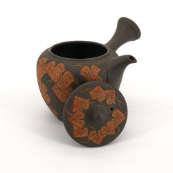 Japanese kyusu brown teapot engraving leaves MANOSHUN