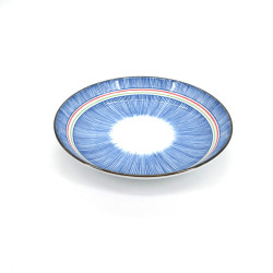 Japanese blue ceramic round plate, TOKUSA, colorful lines