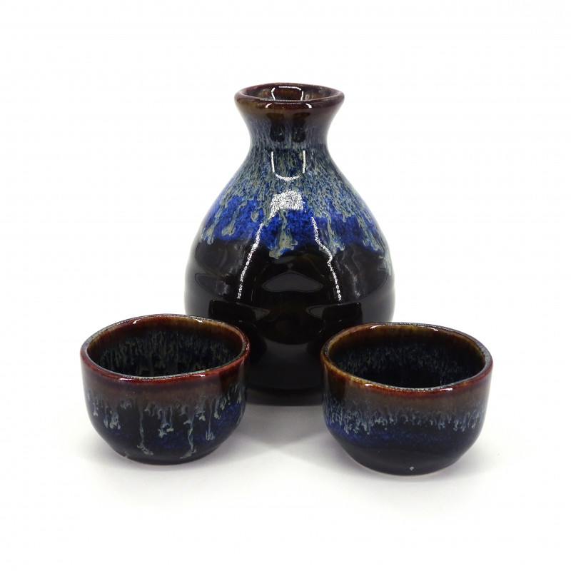 Servicio de sake japonés 2 vasos y 1 botella., KUROBURU, azul
