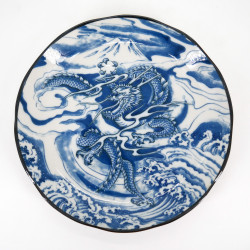 japanese blue round plate in ceramic, RYU, dragon