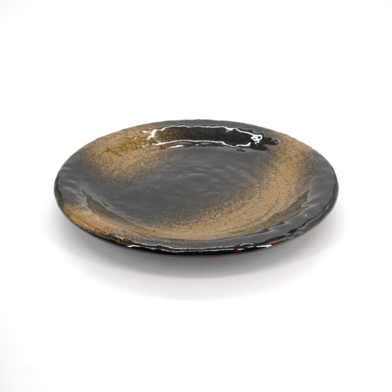 piatto nera rotondo giapponese di ceramica, KINKA, pennello d'oro