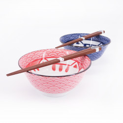 Japanese 2 ramen bowls set in ceramic with chopsticks MANEKINEKO red and blue