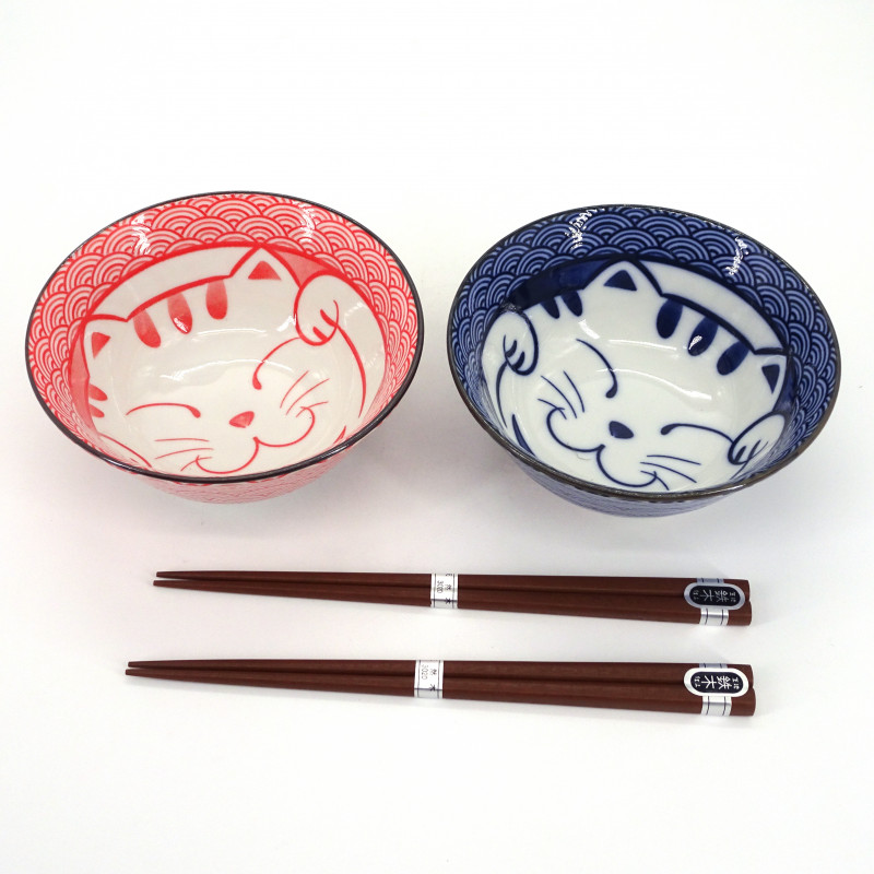 juego de 2 cuencos japoneses de cerámico para ramen MANEKINEKO rojo y azul