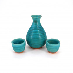 sake service 1 bottle and 2 cups, TORUKO, turquois blue