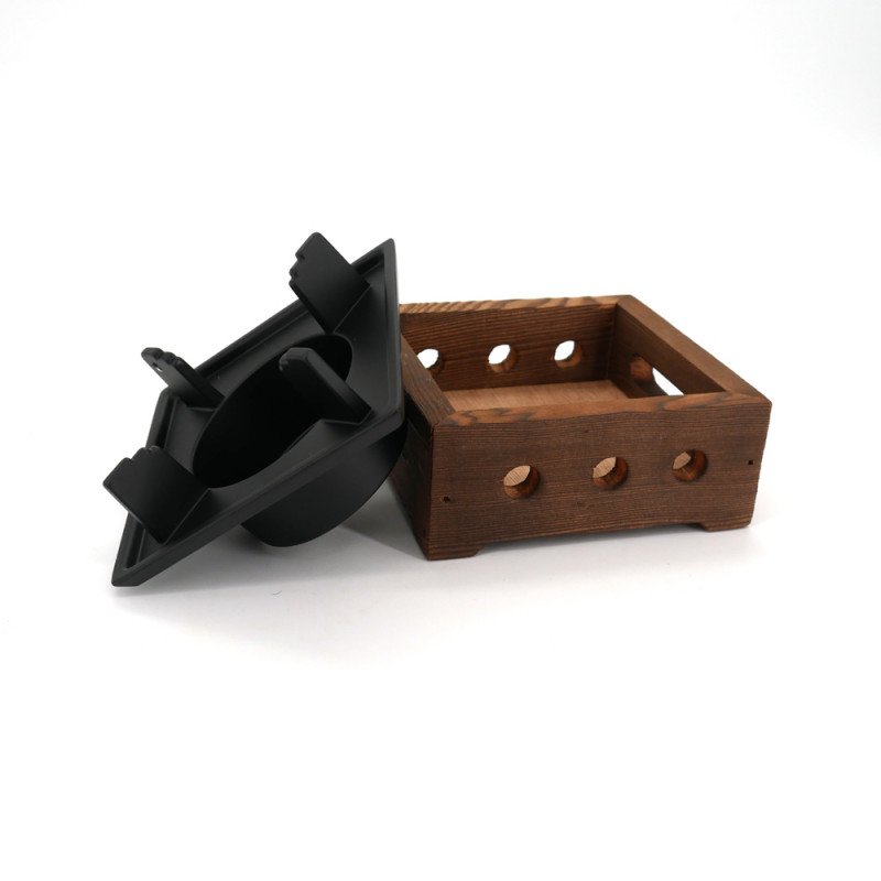 piccolo Riscaldatore-teiera marrone quadrato in ghisa e legno, L12cm
