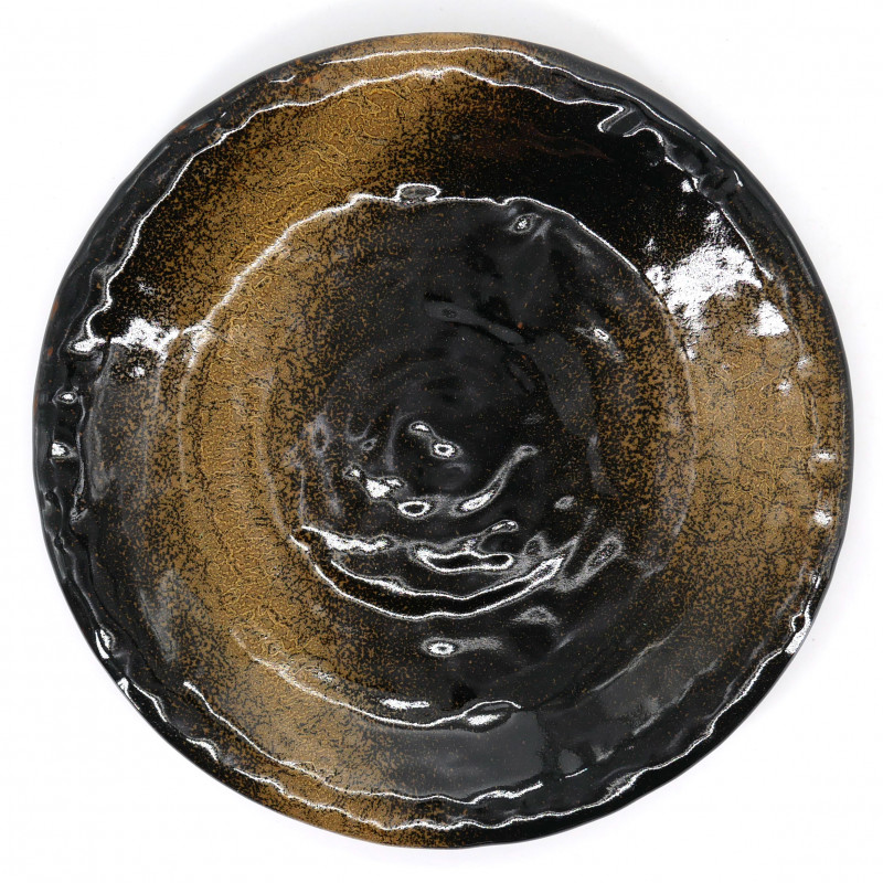 plato negra redondo japonés de ceramica, KINKA, cepillo dorado