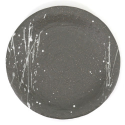 japanese black round plate in ceramic, FUBUKI, white brush