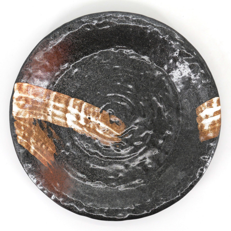 assiette marron ronde japonaise en céramique, SHIROHAKE, pinceau blanc
