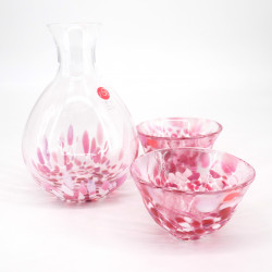 Japanese glass sake service 2 glasses and 1 bottle SAKURA FUBUKI