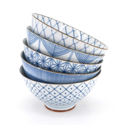 Conjunto de 5 cuencos japoneses de ramen azul y blanco - BORU SETTO