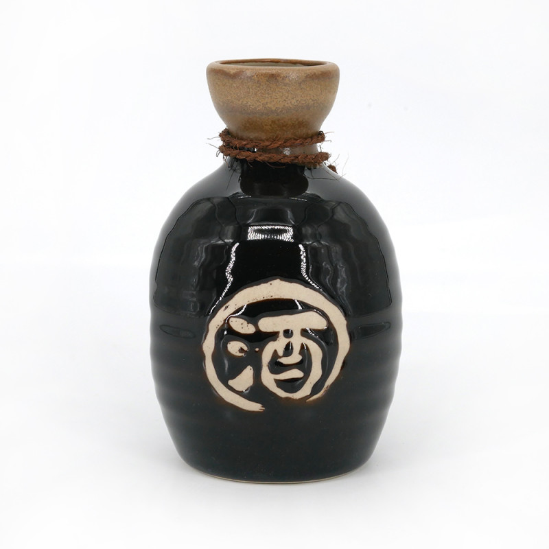 sake service 1 bottle and 2 cups, TENMOKU, black and kanji