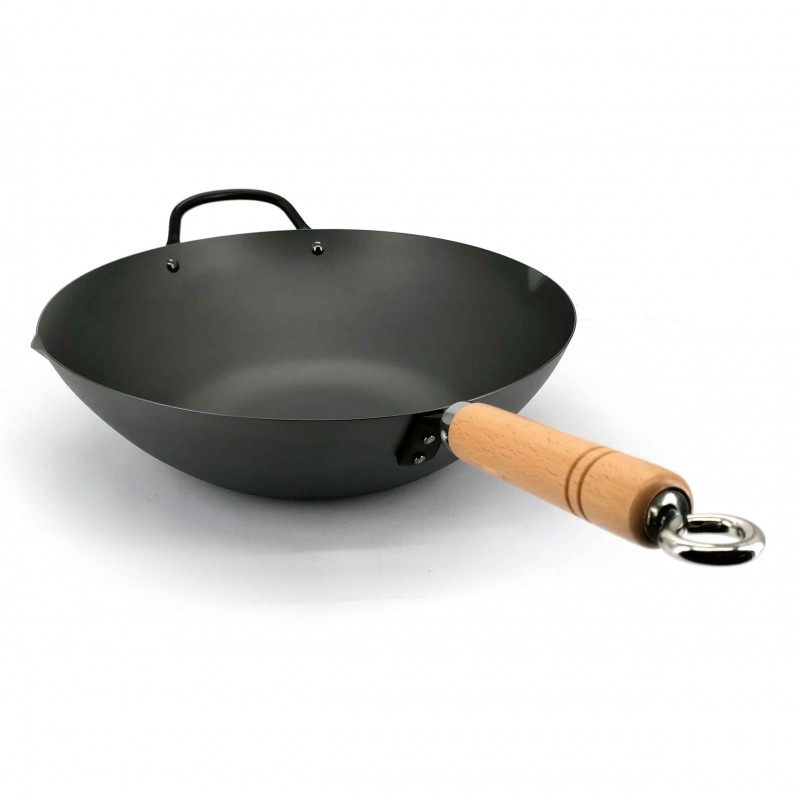 Wok de acero con mango de madera 33 cm