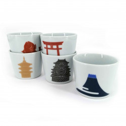 Set of 5 Japanese ceramic cups, symbols of Japan - NIPPON