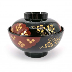 Resin soup bowl with lid, black and red, golden sakura patterns - GORUDENPURAMU