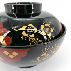 Resin soup bowl with lid, black and red, golden sakura patterns - GORUDENPURAMU