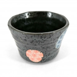 Small Japanese ceramic container, black circles blue and red patterns - ASANOHA