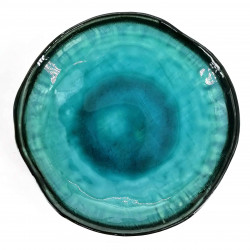 Small round Japanese ceramic plate, raised, ocean blue glazed, KAIYO