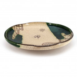 Assiette japonaise ronde en céramique, beige et verte - ORIBE