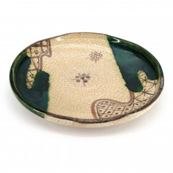 Assiette japonaise ronde en céramique, beige et verte - ORIBE