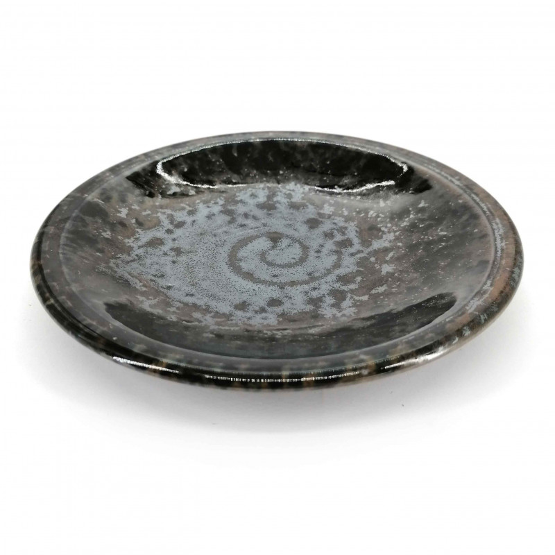 Small round Japanese ceramic plate, brown with silver reflections - GIN NO HANSHA