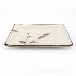 Petite assiette japonaise rectangulaire en céramique, blanche, motifs roseaux, ASHI