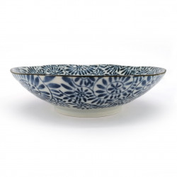 Japanese ceramic ramen bowl, blue and white, KARAKUSA