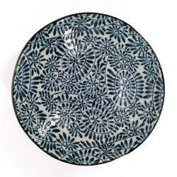 Japanese ceramic ramen bowl, blue and white, KARAKUSA