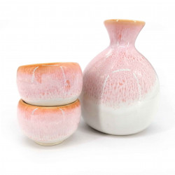 Japanese ceramic sake service, pink and white, 2 glasses and 1 bottle, PINKU