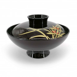 Soup bowl with lid, black, golden reeds, ASHI