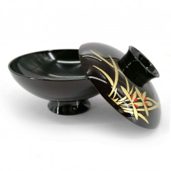 Soup bowl with lid, black, golden reeds, ASHI