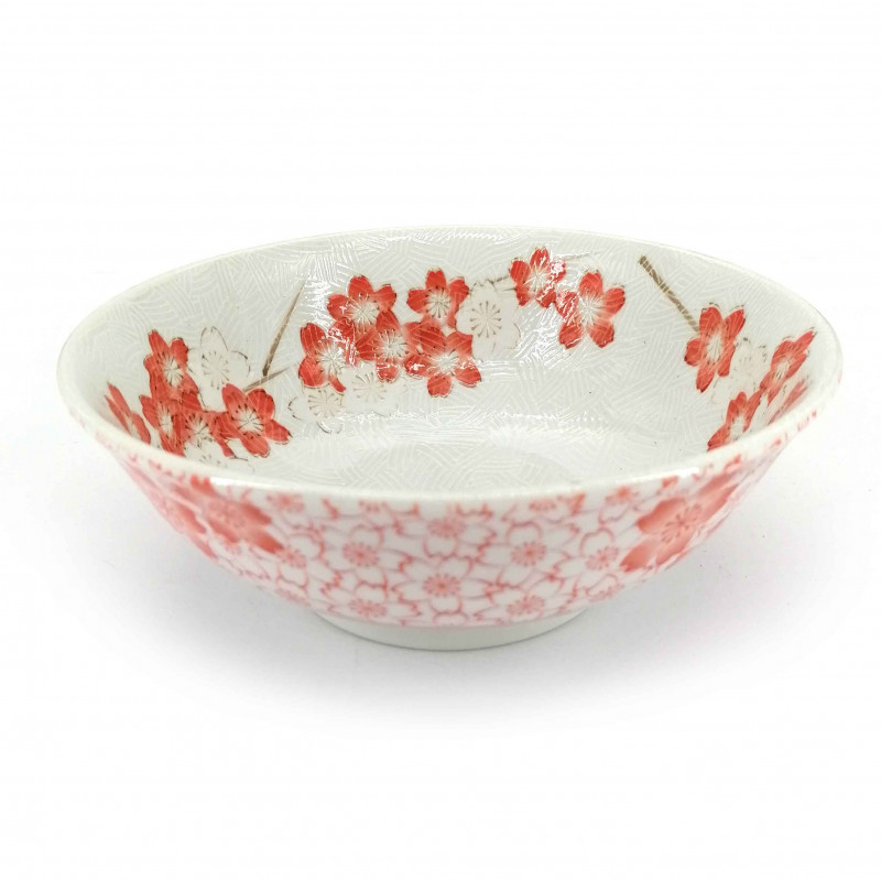 Japanese ceramic ramen bowl, white and pink, SAKURA