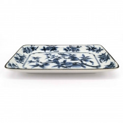 Assiette japonaise rectangulaire, blanc motifs oiseaux bleus, TORI