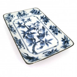 Assiette japonaise rectangulaire, blanc motifs oiseaux bleus, TORI