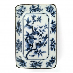 Japanese rectangular plate, white with blue bird patterns, TORI