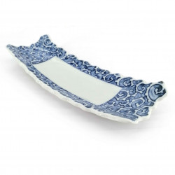 Assiette japonaise rectangulaire, blanc motifs bleus, KARAKUSA