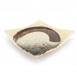 Small square Japanese ceramic plate, beige, brown brushstroke - MIGAKIMASU