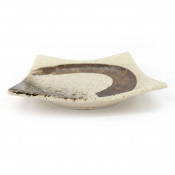 Small square Japanese ceramic plate, beige, brown brushstroke - MIGAKIMASU