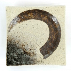 Small square Japanese ceramic plate, beige, brown brushstroke - MIGAKIMASU