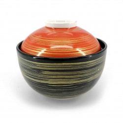 Japanese ceramic rice bowl with lid, black, red and gold, HOSOI SEN