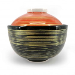 Japanese ceramic rice bowl with lid, black, red and gold, HOSOI SEN