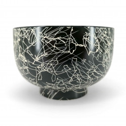 Lacquered soup bowl, black with random lines, RAKUGAKI