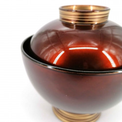 Soup bowl with lid, burgundy red and golden lines, KIN'IRO NO SEN