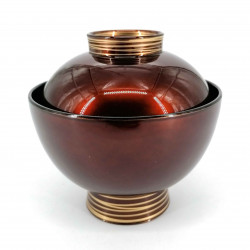 Soup bowl with lid, burgundy red and golden lines, KIN'IRO NO SEN