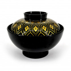 Lacquered soup bowl with lid, black and golden geometric patterns, HANA JIOMETORI