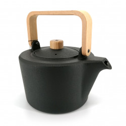 Japanese cast iron kettle, straight shape, light wood handle, MOKUSEI HANDORU, black