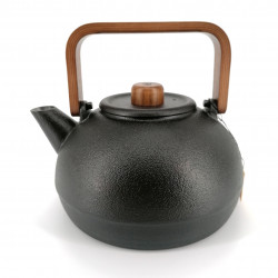 Japanese cast iron kettle with brown wooden handle, MOKUSEI HANDORU, black