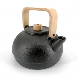 Japanese cast iron kettle with light wood handle, MOKUSEI HANDORU, black