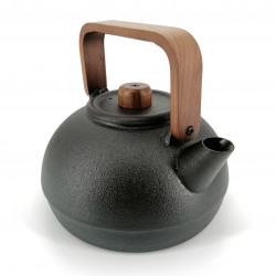 Japanese cast iron kettle with brown wooden handle, MOKUSEI HANDORU, black