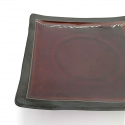 Japanese square ceramic plate, raw edge, brown enamelled center, KIGAMI