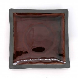 Japanese square ceramic plate, raw edge, brown enamelled center, KIGAMI